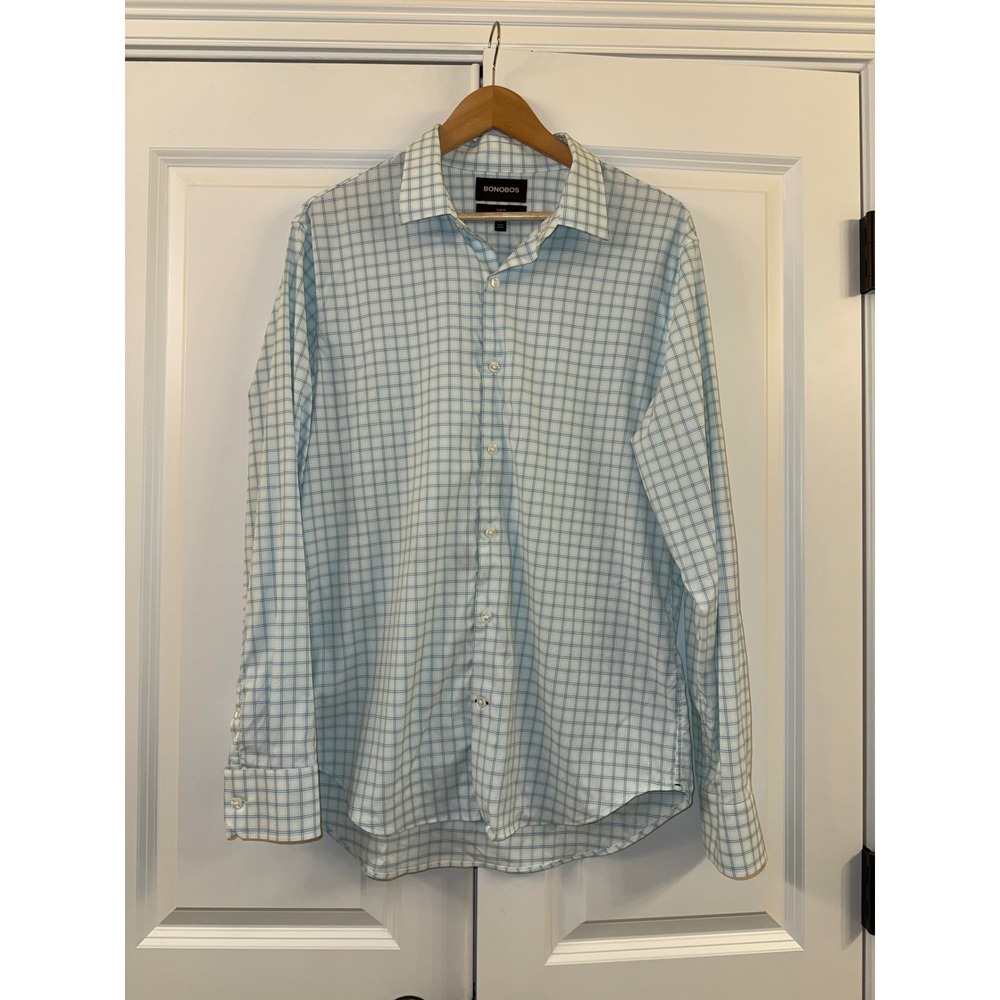 Bonobos Men's Slim Fit Long Sleeve Button Down Shirt‎ Plaid Light Blue Size L
